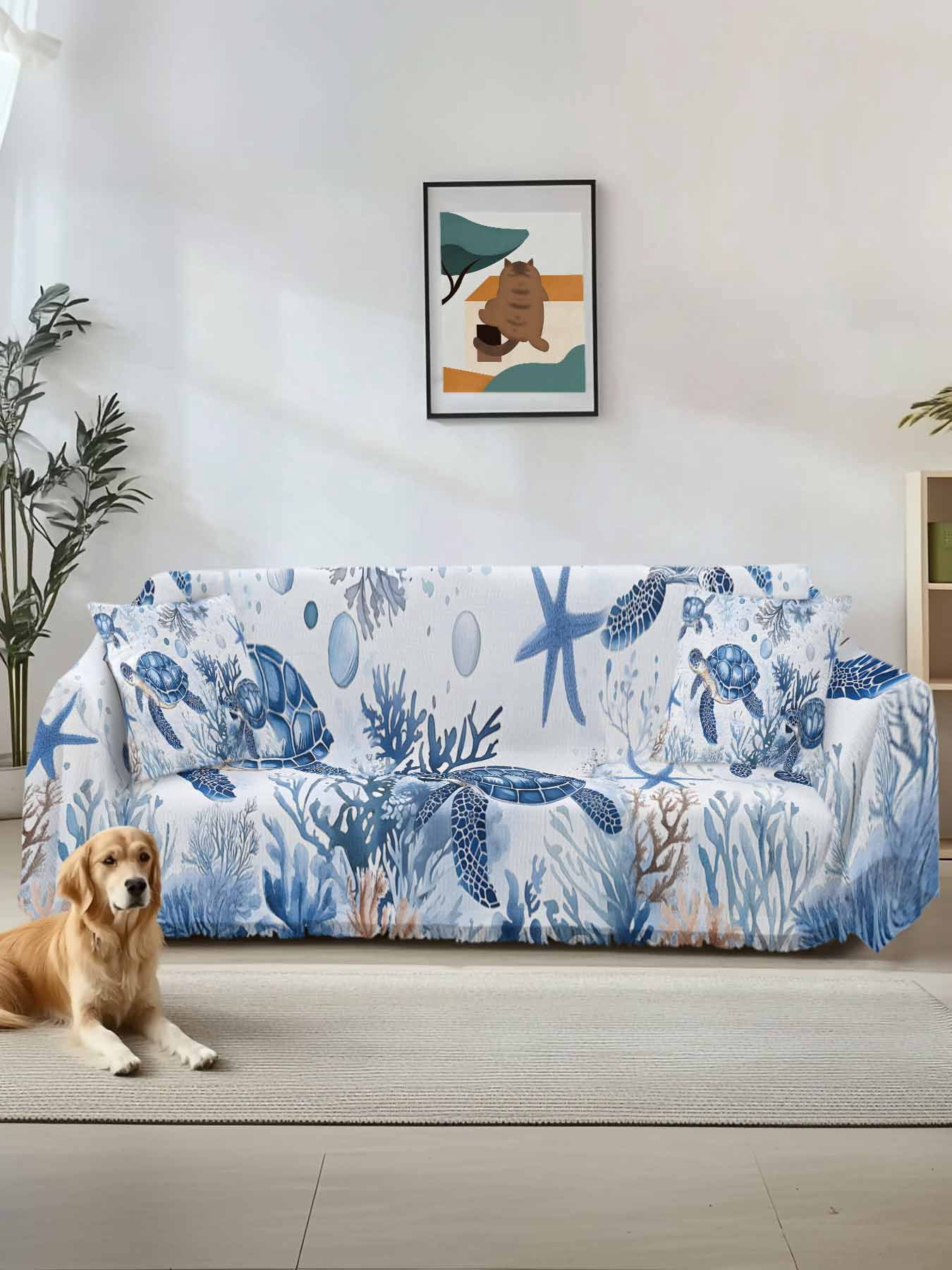 Summer Beach Coastal Sofa Covers for 2-3 Cushion Couch L-Shaped Sectional, Sea Turtle Coral Nautical Washable Sofa Covers Slipcover for Living Room Furniture, Couch Cover Blanket 71"x134"