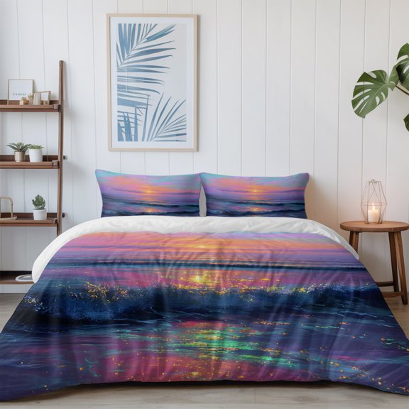 Summer Beach Coastal Sunset Scene California King Size Bed Set,Abstract Watercolor Sea Wave 4 Pcs Bedding Set for All Seasons with 1 Quiltcover (96"x104"),1 Sheet (110"x98"),2 Pillowcases (20"x36")