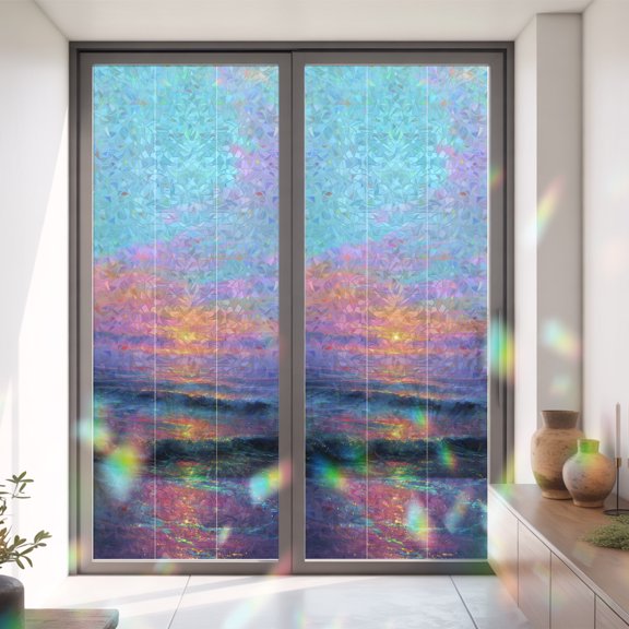 Summer Beach Coastal Sunset Scene Window Privacy Film, Rainbow Film Decorative Window Sticker 35.4x78.7in, Abstract Watercolor Sea Wave Sun Blocking Static Stained Glass Cling Tint Non-Adhesive