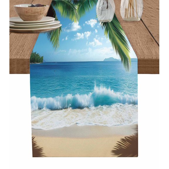 Summer Beach Coastal Table Runner Cotton Linen 108 Inch Holiday Dresser Scarves, Palm Tree Sandy Vacation Tablerunner for Kitchen Coffee Dining Bedroom Home Living Room Dinner Scarf Décor 13''x108''