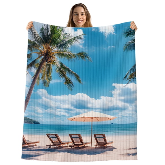 Summer Beach Coastal Throw Blanket, Flannel Fleece Blanket with Striped Design for Couch, Blue Sea Ocean Landscape Hawaii Soft Breathable All Season Plush Blankets for Sofa Office Bed 50"x60"
