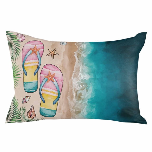 Summer Beach Coastal Throw Pillow Cover 12 x 20 Inch Decorative Pillow Cover Slippers Palm Leaf Shells Coral Lumbar Pillowcase Seasonal Rectangle Cushion Case for Couch Sofa Bed Living Room