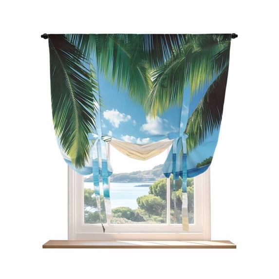 Summer Beach Coastal Tie Up Curtains for Windows 45 Inch Length Balloon Curtains Kitchen Adjustable Balloon Window Shade Palm Tree Sandy Vacation Tie Up Valance Bathroom Curtain Window 42"x45"