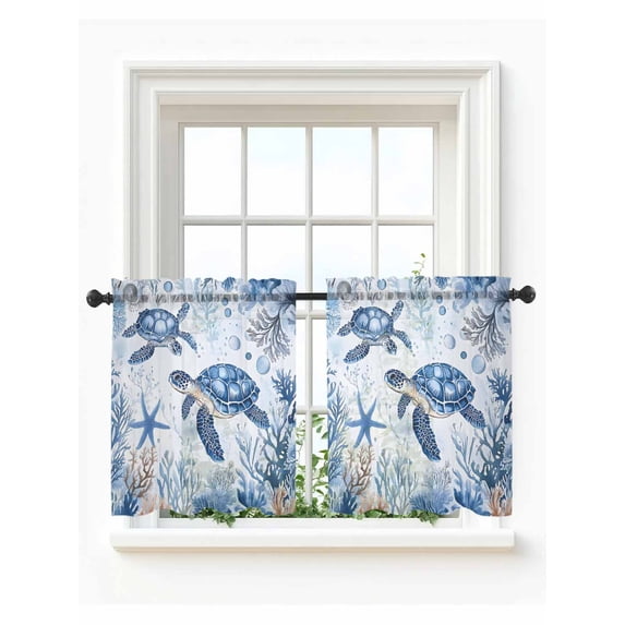 Summer Beach Coastal Tier Curtains 36 Inch Length,Sheer Curtains for Bedroom Living Room Window Sea Turtle Coral Nautical Rod Pocket Drapes Kitchen Curtains Small Half Window 27.5"x36" 2 Panels