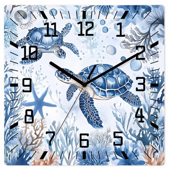 Summer Beach Coastal Wooden Wall Clock Silent Non Ticking, Sea Turtle Coral Nautical Square Wall Clocks Battery Operated, Decor Clock for Home Office, Living Room, Kitchen, 10 Inch