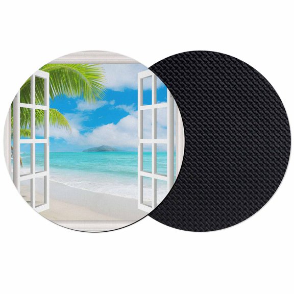 Summer Beach Coasters Set of 2, Absorbent Coasters for Drinks, Turquoise Window Seascape Seaside Palm Tree Coaster for Desk Coffee Table Protection, Home Decor House Warming Gifts 4"