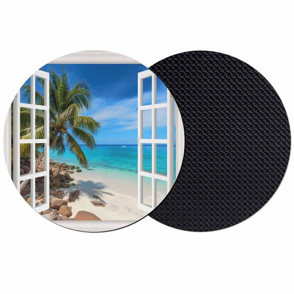 Summer Beach Coasters Set of 2, Absorbent Coasters for Drinks, Window Seascape Palm Trees Oceans Coaster for Desk Coffee Table Protection, Home Decor House Warming Gifts 4"
