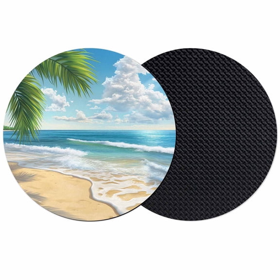Summer Beach Coasters Set of 2, Coastal Ocean Tropical Palm Trees Absorbent Coasters for Drinks, Coaster for Bar Office Dining Coffee Table Accessories Decor, Non Slip Round Desk Coaster