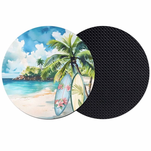 Summer Beach Coasters Set of 2, Tropical Coastal Palm Tree Surfboard Absorbent Coasters for Drinks, Coaster for Bar Office Dining Coffee Table Accessories Decor, Non Slip Round Desk Coaster