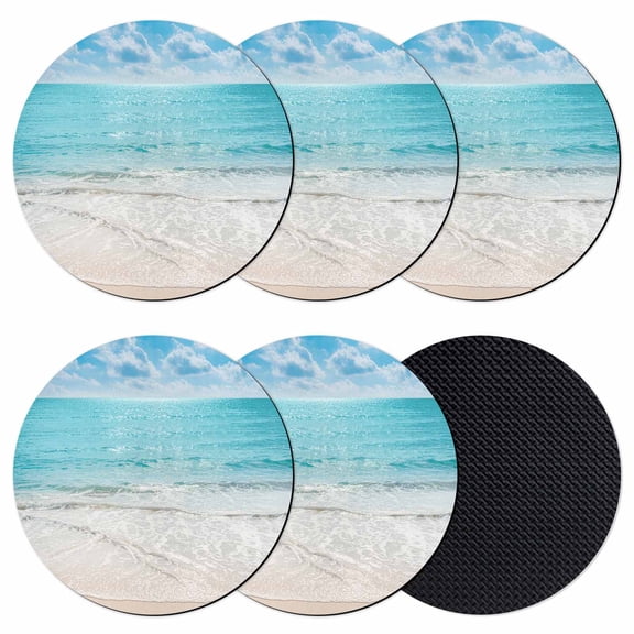 Summer Beach Coasters Set of 6, Soft Absorbent Coasters for Drinks, Blue Coastal Ocean Seaside Nautical Non-Slip Cup Coaster Mat with Rubber Bottom for Home Kitchen Desk Coffee Bar Table Decor 4"
