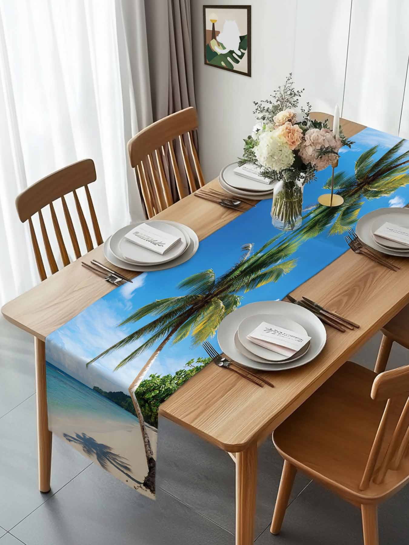 Summer Beach Coconut Tree Table Runner 90 Inches Long, Blue Ocean Sky Table Runners Tabletop Scarf Kitchen Dining Tables Decoration for Home Party Indoor Outdoor