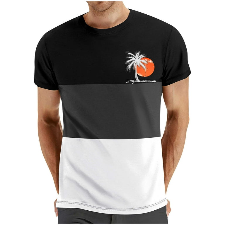 Summer Beach Color Block T-shirts for Men Palm Tree Print Short 