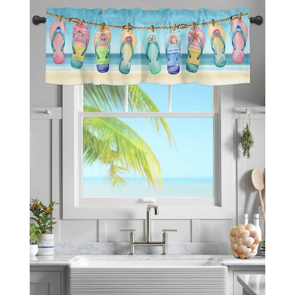 Summer Beach Colorful Flip-flop Curtain Valances for Kitchen Windows,Rod Pocket Short Valance Seasonal Coastal Vacation Small Window Treatment for Living Room Bathroom Bedroom,54"x18"-1 Panel
