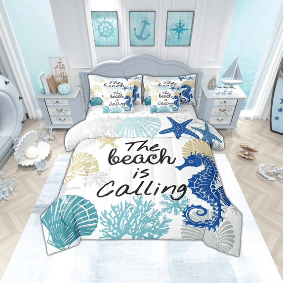Summer Beach Comforter Set 7 Piece Bed in a Bag Twin,Blue Seahorse Bedding Set Nautical Coastal Sheet Sets with Comforter Seashell Starfish Shell Coral Bed Set,Ocean Decor