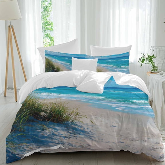 Summer Beach Comforter Set Queen Size, Realistic Green Weed Coastal Scenery Blue Sky Wave Soft Bedding Set for Man Woman, 4 Pieces Duvet Cover Set with Fitted Sheet, 2 Pillowcases