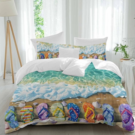Summer Beach Comforter Set Queen Size, Seaside Slippers Shells Teal Ocean Wave Coastal Soft Bedding Set for Man Woman, 4 Pieces Duvet Cover Set with Fitted Sheet, 2 Pillowcases