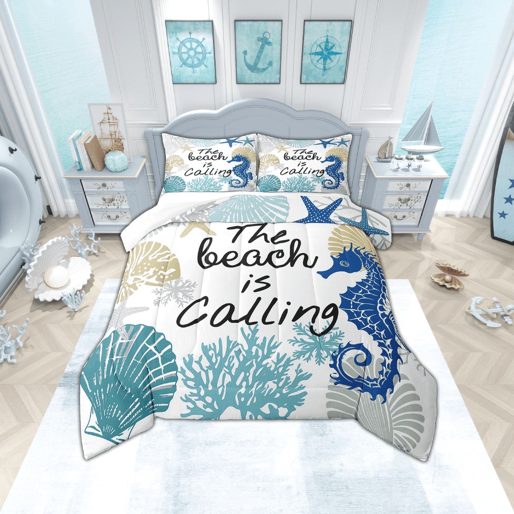 Summer Beach Comforter&nbsp;Set Blue Seahorse Queen Bedding&nbsp;Comforter&nbsp;Sets for Girls,Nautical Coastal Quilt Seashell Starfish Shell Coral Duvet Insert,Ocean Decor