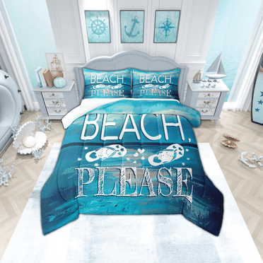 Summer Beach Comforter Set Hawaii Flip Flops Queen Bedding Comforter Sets ,Sea Palm Tree Quilt Blue Ocean Duvet Insert,The Lake House Farmhouse Decor