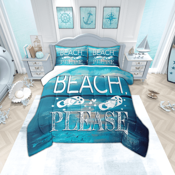 Summer Beach Comforter Set Hawaii Flip Flops Twin Bedding Comforter Sets for Girls,Sea Palm Tree Quilt Blue Ocean Duvet Insert,The Lake House Farmhouse Decor