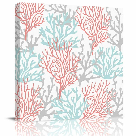 Summer Beach Coral Canvas Print Wall Art Painting, Modern Wall Decor for Bedroom Living Room Giclee Artwork HD Picture Strenched and Framed Nautical Ocean Coastal Aqua Orange 8x8 inch