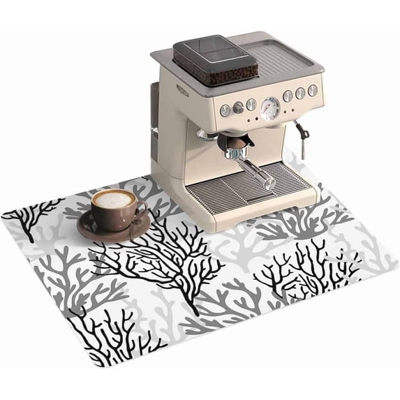 Summer Beach Coral Coffee Mat - Coffee Bar Mat for Countertop, Hide Stain Absorbent Rubber Quick Dry Coffee Mat Under Coffee Maker Mat Nautical Ocean Coastal Black Gray Dish Drying Mat 18"x24"