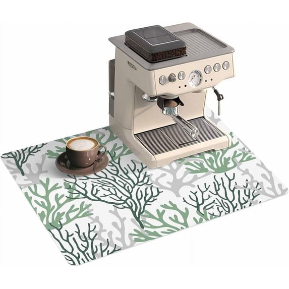 Summer Beach Coral Coffee Mat - Coffee Bar Mat for Countertop, Hide Stain Absorbent Rubber Quick Dry Coffee Mat Under Coffee Maker Mat Nautical Ocean Coastal Green Gray Dish Drying Mat 12"x20"