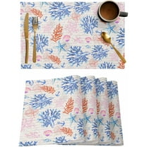 Summer Beach Coral Placemats Set of 6,Washable Woven Burlap Cloth Fabric Placemat for Square/Rectangle/Round/Oval Dining Table,Easy Clean Place Mats for Kids Nautical Coastal Starfish Anchor Shell