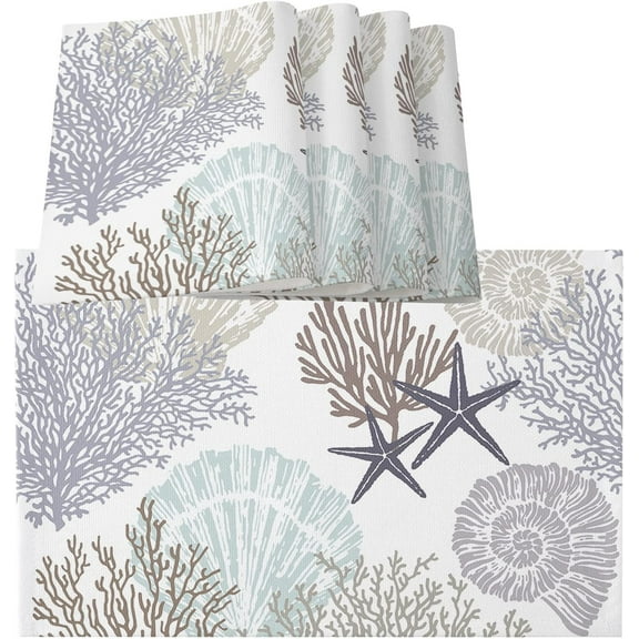 Summer Beach Coral Placemats Set of 6 Washable Woven Burlap Cloth Fabric Placemat for Square/Rectangle/Round/Oval Dining Table,Easy Clean Place Mats Minimalist Grey Coral Shell Starfish