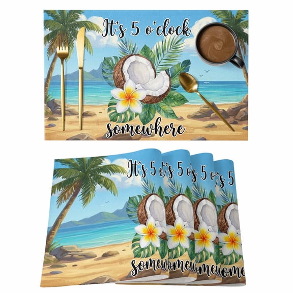 Summer Beach Cotton Linen Placemats Set of 1, It's 5 O'clock Somewhere Tropical Coconut Floral Washable Table Place Mats Heat Insulating Placemat for Dining Room Kitchen Daily Use 13 x 19 Inch