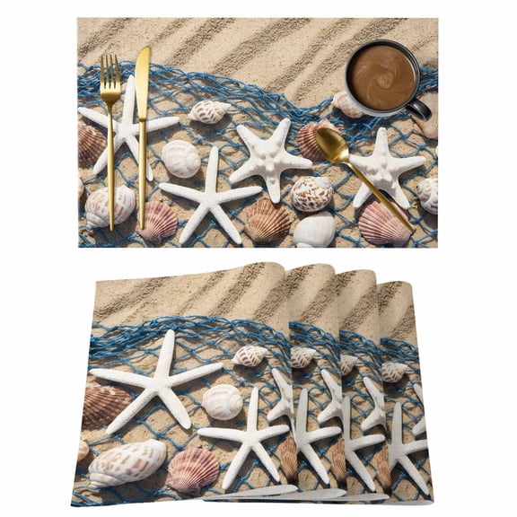 Summer Beach Cotton Linen Placemats Set of 1, Seaside Starfish Shell Fishing Net Conch Sand Washable Table Place Mats Heat Insulating Placemat for Dining Room Kitchen Daily Use 13 x 19 Inch