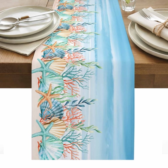 Summer Beach Cotton Linen Table Runner Blue Ocean Colorful Coral Shell Seaweed Starfish Sandy Dining Table Runners for Home Decor Party Dining Room Restaurant Kitchen Party 13" x 36"