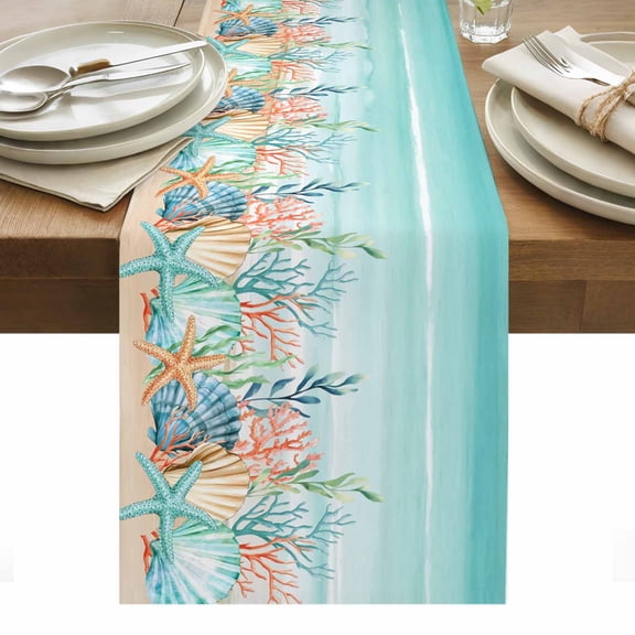 Summer Beach Cotton Linen Table Runner Green Ocean Colorful Coral Shell Seaweed Starfish Sandy Dining Table Runners for Home Decor Party Dining Room Restaurant Kitchen Party 13" x 36"
