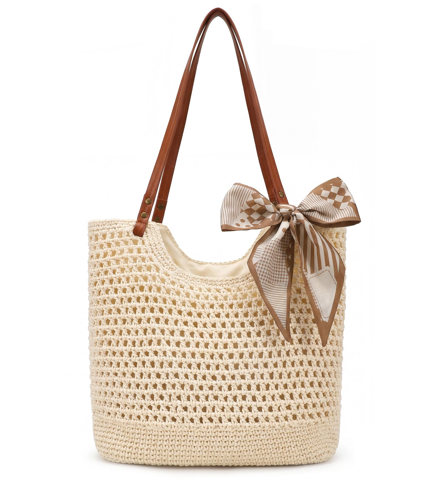 Summer Beach Crochet Bags for Women Knit&Straw Woven Tote Soft Fabric Boho Shoulder Bag for Vacation Shopping