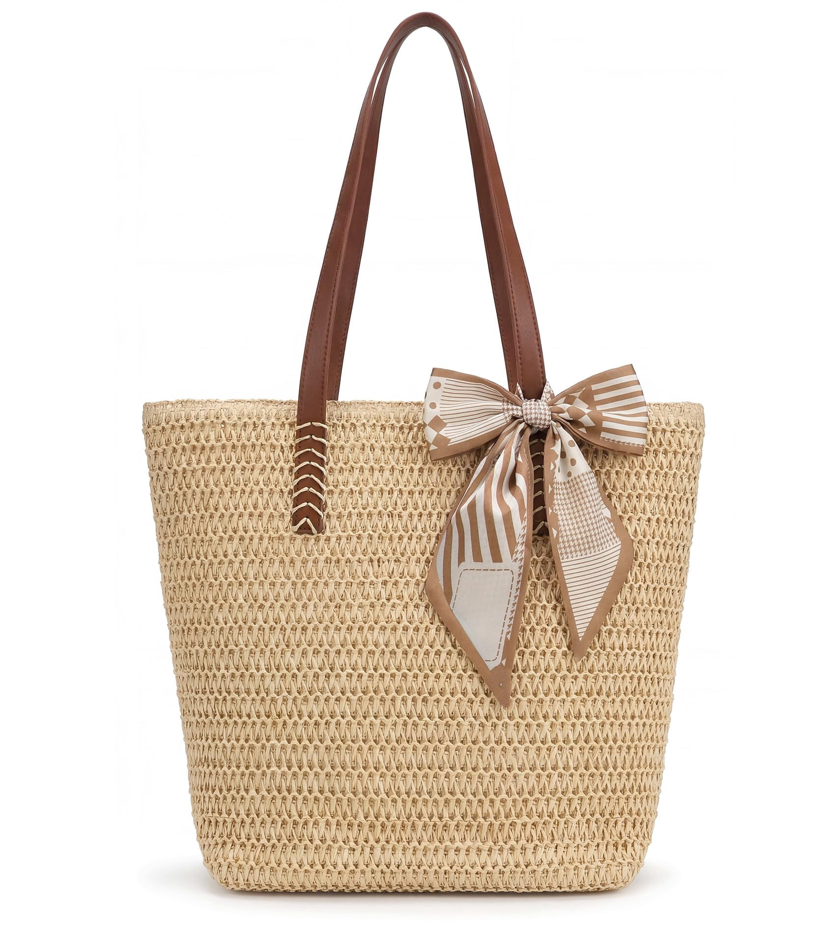 Summer Beach Crochet Bags for Women Knit&Straw Woven Tote Soft Fabric Boho Shoulder Bag for Vacation Shopping