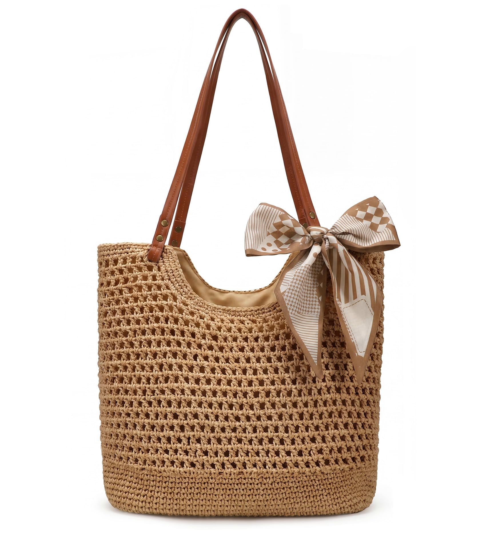 Summer Beach Crochet Bags for Women Knit&Straw Woven Tote Soft Fabric Boho Shoulder Bag for Vacation Shopping