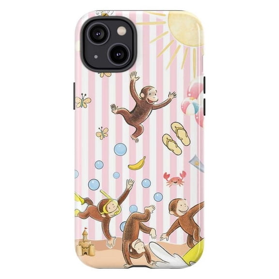 Summer Beach Curious Monkey Phone Case, Cute Vacation Theme with Sun, Flip-Flops, Crabs & Bananas on Pink Striped Background Cover for iPhone 16 15 14 13 12 11 Pro Max Plus Mini