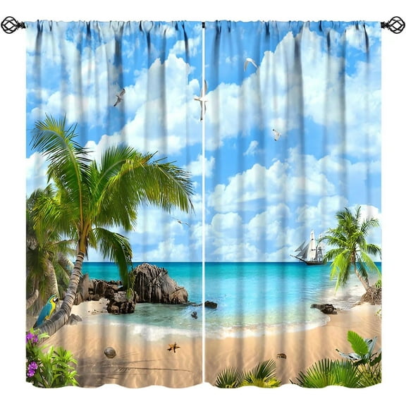 Summer Beach Curtains, Tropical Island Coastal Landscape Ocean Plam Trees Blue Sky Seaside Scene Blackout Window Curtains for Cafe Kitchen Bedroom Bathroom, 84" W X 84" L