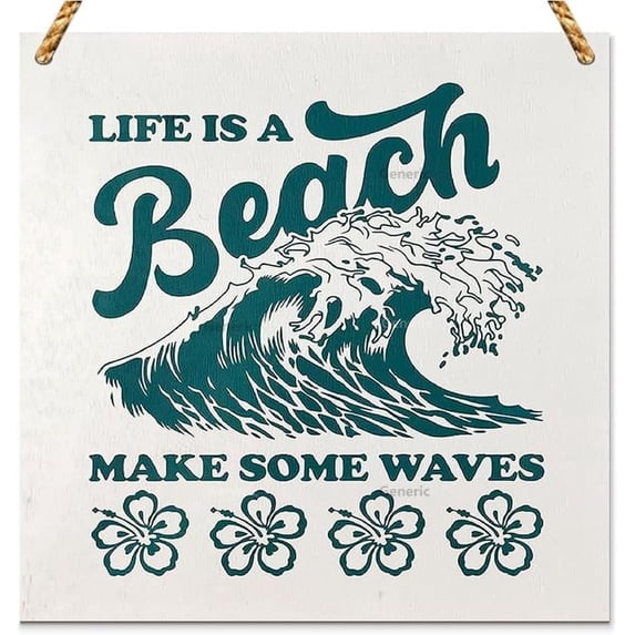 Summer Beach Decor,Life is a Beach Make Some Waves Wood Plaque Sign Summer Wood Sign Decor for Coastal Beach House Home Wall Decorations Wood Sign Wooden Wall Decor 5 * 5 inch