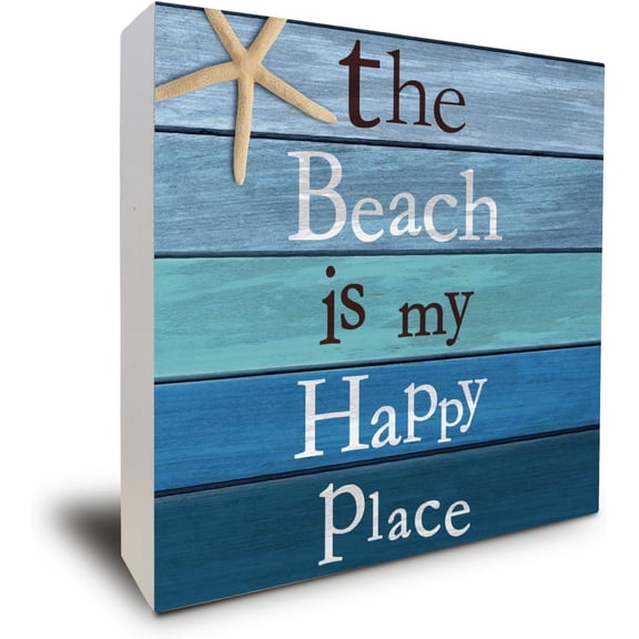 Summer Beach Decor, Summer Beach Decorations For Home, The Beach Is My Happy Place, Beach Theme House Decor Wood Box Sign Block For Living Room Bedroom For Shelf Tabletop Decoration 5 X 5 Inch