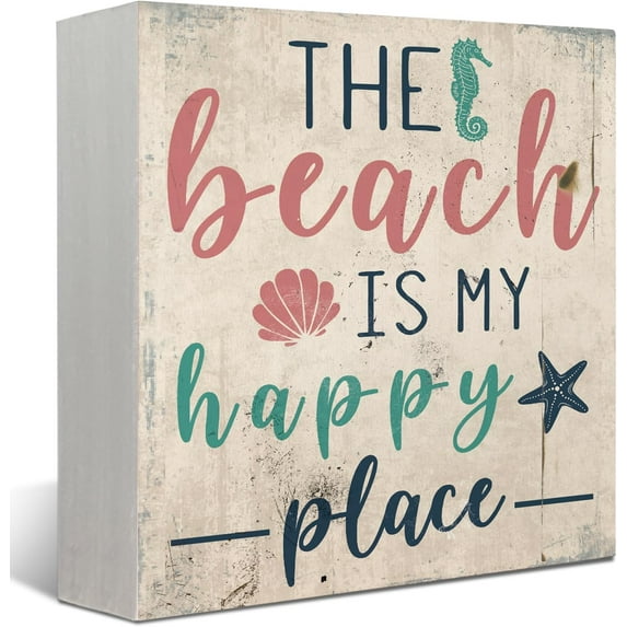 Summer Beach Decor,The Beach is My Happy Place Wood Signs Home Decor,Beach Beachy Room Decor,Coastal Beach House Decor,Beach Tiered Tray Decor,Beach Table Decor 7x7