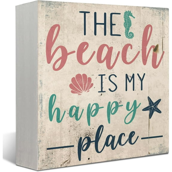 Summer Beach Decor,The Beach is My Happy Place Wood Signs Home Decor,Beach Beachy Room Decor,Coastal Beach House Decor,Beach Tiered Tray Decor,Beach Table Decor 5x5