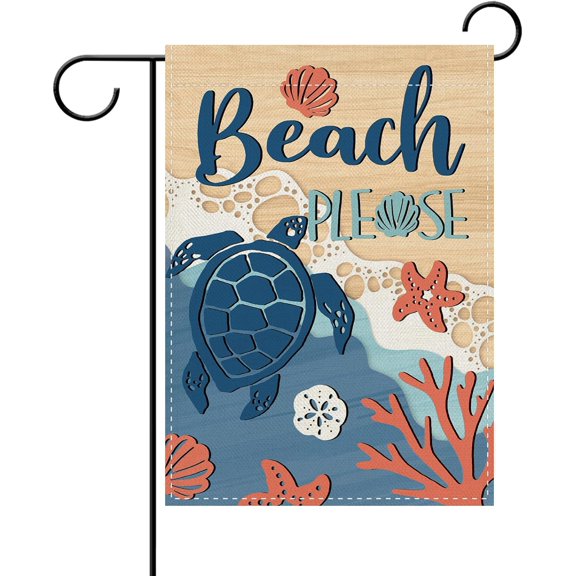 Summer Beach Decorative Garden Flag, Coastal Please Sea Turtle Starfish Shell Coral Yard Outside Home Decoration, Nautical Ocean Farmhouse Burlap Outdoor Small Decor Double Sided 12 x 18