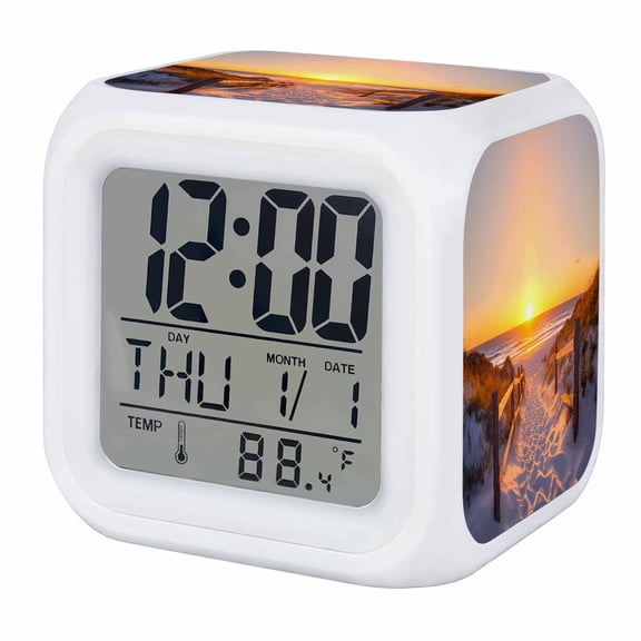 Summer Beach Digital Alarm Clock for Bedrooms, Smart LED Alarm Clock with 7 Color Changing Night Light, Sunset Nautical Ocean Sea Silent Wake Up Clocks for Sleep Study Cooking 3.2"x3.2"