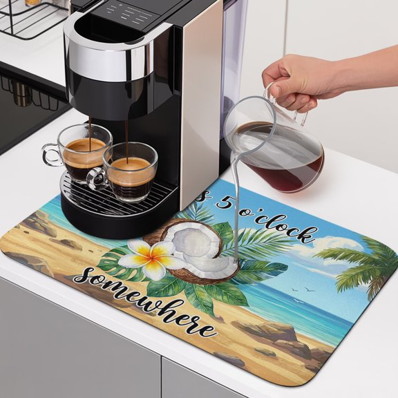 Summer Beach Dish Drying Mats for Kitchen Counter, It's 5 O'clock Somewhere Tropical Coconut Floral Absorbent Coffee Bar Mat with Non-slip Rubber Backed Quick Drying Dish Rack Pad 16"x24"
