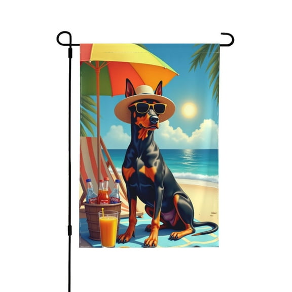 Summer Beach Dog Garden Flag 12x18 Inch Double Sided Doberman Pinscher Outdoor Decor Summer Patio Yard Flag Beach Scene Decoration