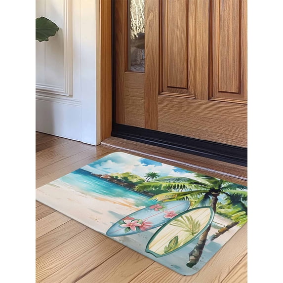 Summer Beach Door Mat Indoor Outdoor Entrance, Non Slip Rug for Kitchen Bathroom Entryway Rug, Tropical Coastal Palm Tree Surfboard Washable Doormat Floor Mat for Office Home Decor 24x36 Inch