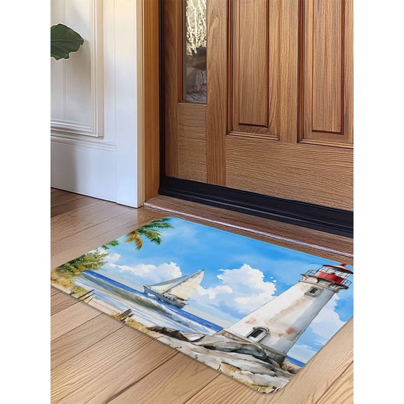 Summer Beach Door Mat Indoor Outdoor Entrance, Non Slip Small Rug for Kitchen Bathroom Entryway Rug, Retro Lighthouse Sailing Nautical Washable Doormat Floor Mat for Office Home Decor 16x24 Inch