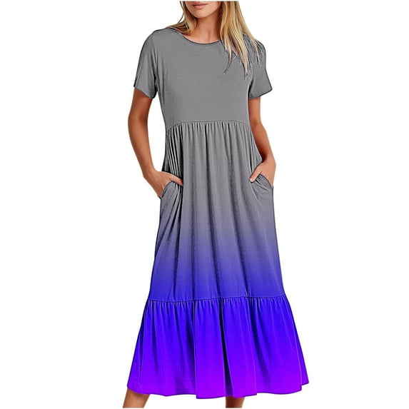 Summer Beach Dress for Women 2024 Plus Size Fashion Casual Short Sleeve Crewneck Dress Casual Flowy Tiered Maxi Beach Dress With Pockets Gradient Print Dress 50% off Clearance!