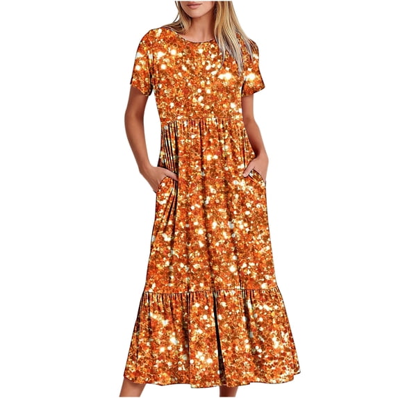 Summer Beach Dress for Women 2024 Plus Size Fashion Casual Short Sleeve Crewneck Dress Casual Flowy Tiered Maxi Beach Dress With Pockets Shiny Print Dress 50% off Clearance!