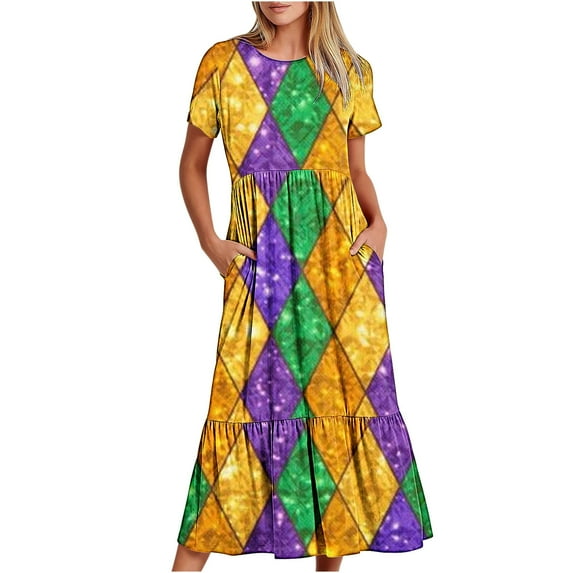 Summer Beach Dress for Women 2024 Plus Size Fashion Mardi Gras Printed Carnival Short Sleeve Crewneck Dress Casual Flowy Tiered Maxi Beach Dress With Pockets 50% off Clearance!